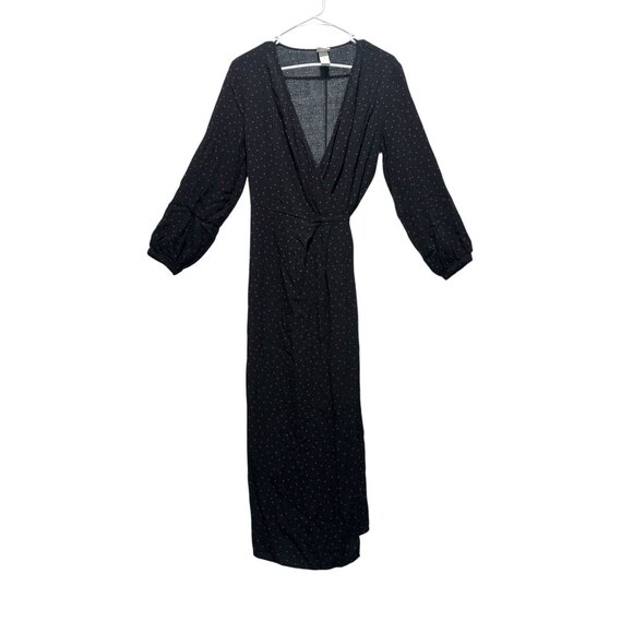 H&M Hearts Print Wrap Maxi Dress Womens Medium Black Red Ballon Sleeves Modest - Picture 1 of 14
